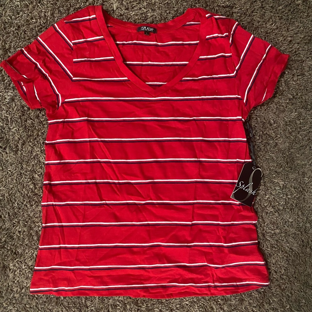 Red t-shirt with white and navy blue stripes